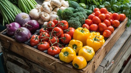 Fresh vegetables displayed in a wooden crate at a local market in the morning light