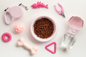 Bowl with dry food for dog and pet care accessories on blue background. Pet care and training...