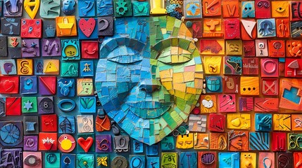 Abstract mosaic portrait with a serene face emerging from a colorful background.