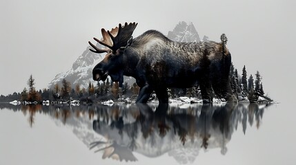 A powerful moose standing at the water’s edge, its antlers seamlessly merging with the reflections of an alpine lake, mountains, and forests in a double exposure effect,