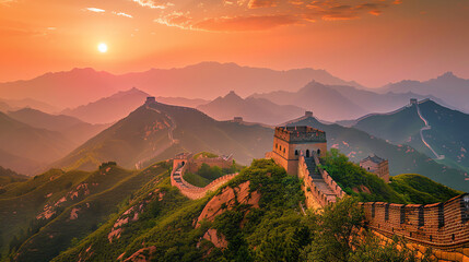 A picture of the Great Wall sunset in the background.