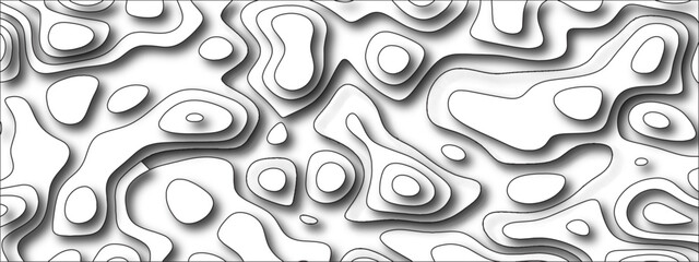 Black and white abstract papercut and multi-layer cutout geometric pattern. Vector Topographic canyon geometric map relief texture. Topographic contour lines map seamless pattern