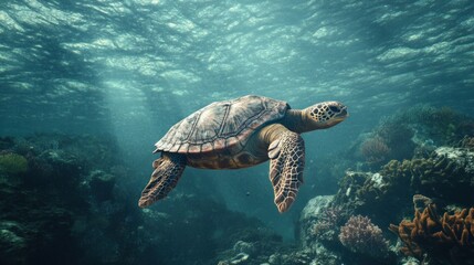 Fototapeta premium Sea Turtle Swimming in a Coral Reef