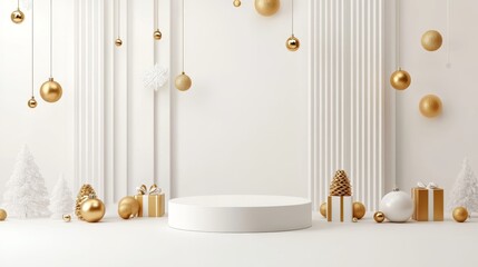 Winter White Podium with Geometric Patterns and Golden Accents - Minimalist 3D Illustration for Presentations and Social Media Posts