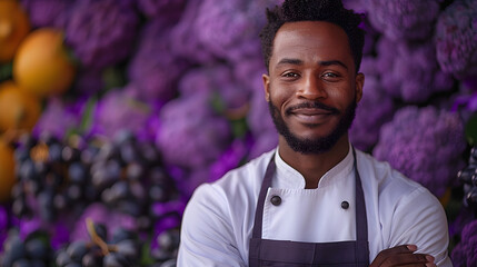 Confident African Male Chef Posing Professionally in Purple Studio Setting