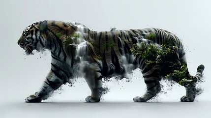 A tiger moving stealthily, its stripes filled with the rich greens of a jungle and the serene flow of waterfalls, set against a clean white background in a double exposure style.