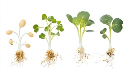 Naklejka premium Four stages of plant growth, from seed germination to young seedling, showcasing root development and leaf formation in clear, isolated progression on white background.