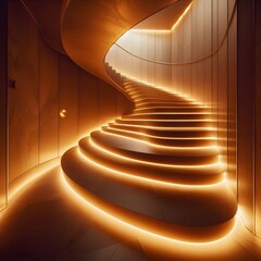 Obraz premium A winding staircase lit by a warm, golden glow.