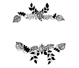 Frame, framing of leaves. White background, copy space. Leaves of different shapes and sizes, filled with decor. Lines, dots, ornament or fill. Black color. Placed above and below. Dots, swirls around