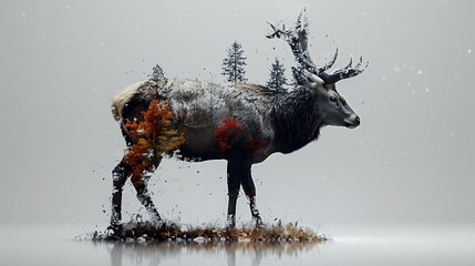 Double exposure of a deer gazing peacefully, its antlers merging seamlessly with the warm hues of an autumn forest, featuring orange and yellow leaves, all contrasted against a pure white background.