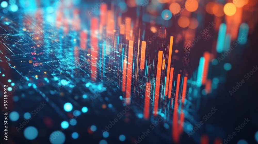 Poster Abstract Digital Data Visualization with Orange and Blue Lines and Bokeh Effects