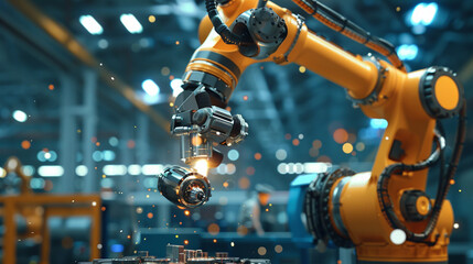 Fototapeta premium Close-up of a robotic arm in a factory, gripping and maneuvering parts with precision