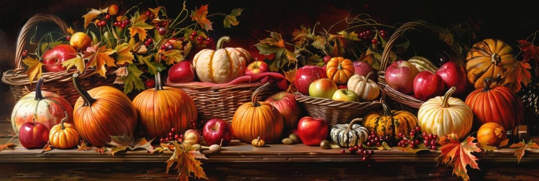 A rich harvest scene with baskets of apples, pumpkins, and gourds placed at the bottom