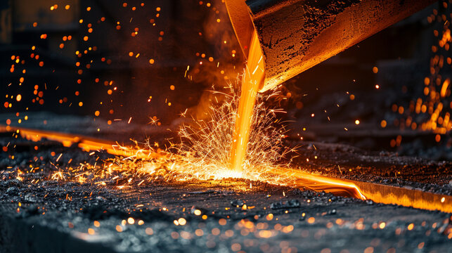 Detailed view of a blast furnace, with molten metal pouring out and sparks flying in all directions
