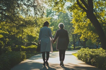 Obraz premium Nurse assisting elderly woman on outdoor walk in bright natural setting