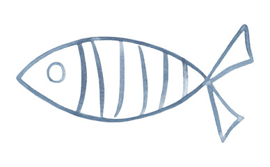 Abstract blue sea fish isolated on a white background, hand-drawn, watercolor illustration. A decorative element for design, menu design, and celebration.