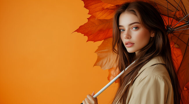 A young girl with an umbrella made of autumn leaves, created with Generative AI technology.