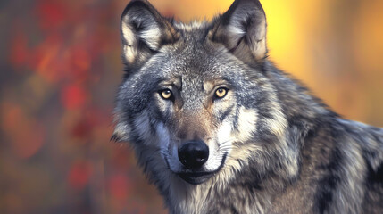 Obraz premium A gray wolf with a fierce, but somewhat sad, look on its face.