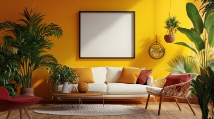 Modern Living Room with Tropical Plants and White Sofa