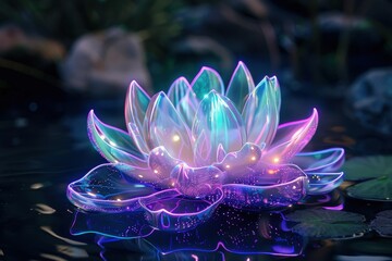 A floating holographic lotus flower, each petal glowing with different hues.