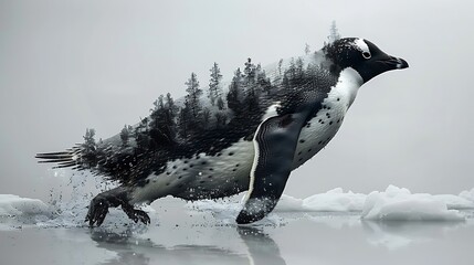 Double exposure of a penguin in motion, its body seamlessly blending with the cold, icy waters and floating icebergs, all contrasted against a pure white background.
