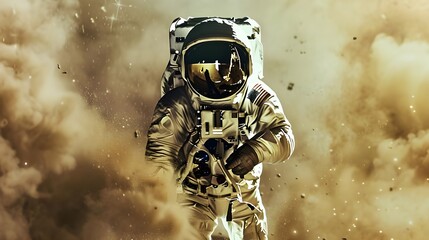 astronaut emerging from a massive phone screen covered in dust and beige stars