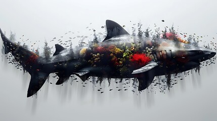 Double exposure of a shark in mid-swim, its body seamlessly blending with the rich colors of coral reefs and the movement of tropical fish, all contrasted against a pure white background.