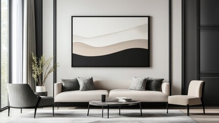 Modern living room with a white couch, black coffee table and abstract artwork