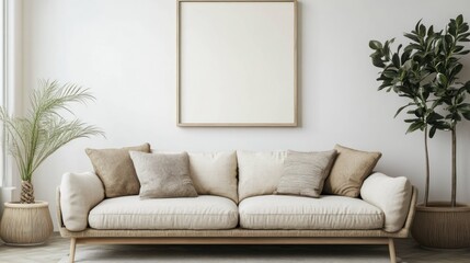 Minimalist Living Room with Sofa, Plants, and Blank Canvas