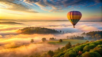 Obraz premium Hot air balloon floating above misty landscape at dawn, hot air balloon, floating, golden sky, dawn, mist, landscape
