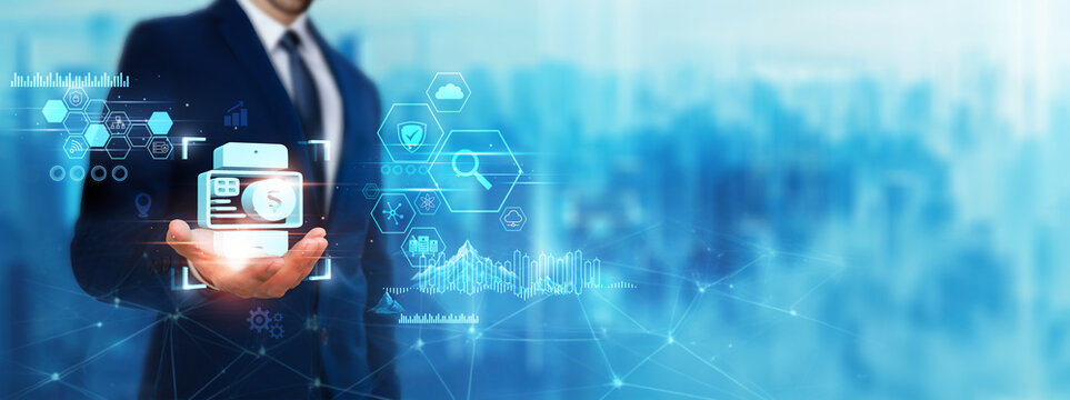 Digital Payments: Businessman holding payment processing icon, digital technology era of future. Fintech technology of deep learning, security, convenience, efficiency concept.
