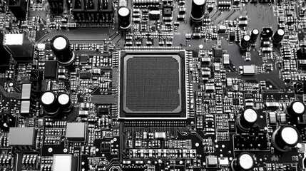 Fototapeta premium Black and white image of a circuit board with a processor in the center.