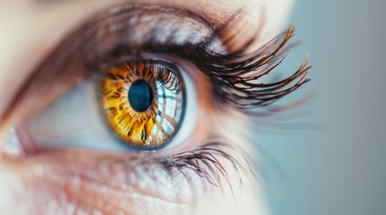An artistic photograph of a brown eye, focusing on its intricate details, set against a minimalist backdrop with abundant copy space.