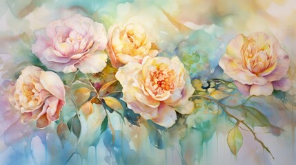 Pastel flowers and petals in liquid watercolor style bright colors. Neural network ai generated art