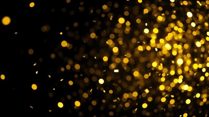 Shining golden confetti on blurred black background. Defocused falling sparkles backdrop	