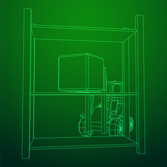 Forklift Loader lift truck in warehouse near rack. Wireframe low poly mesh vector illustration.