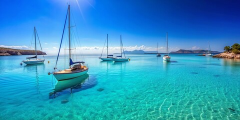 Obraz premium Sailboats floating in a tranquil blue lagoon in the summer sun, sailboats, blue lagoon, summer, water, boats, tranquil