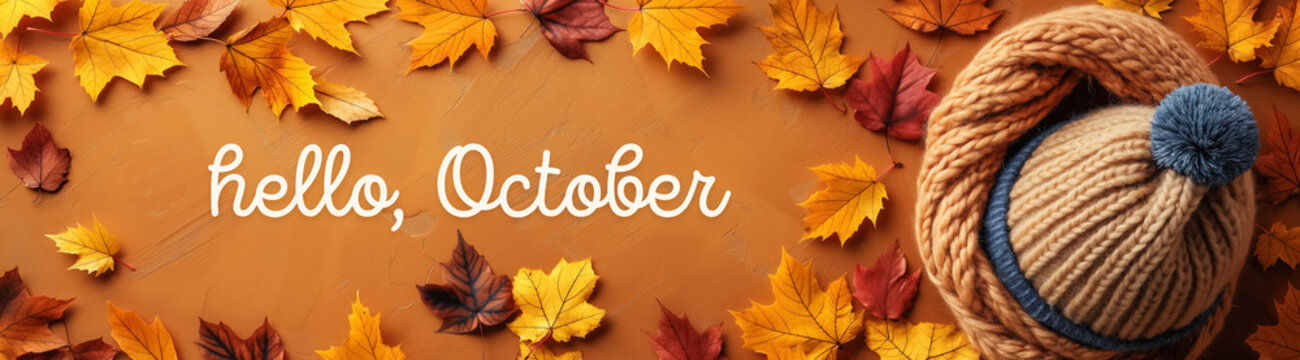 Knitted hat, scarf and fallen yellow leaves on an orange background with the inscription Hello, October, created with Generative AI technology