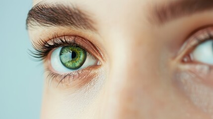 Fototapeta premium A close-up of a green eye, captured in a minimalistic style with a clean background and ample copy space. The simplicity of the composition highlights the vivid eye color.