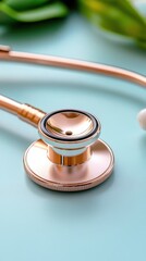 A close-up of a stylish rose gold stethoscope on a teal background, symbolizing healthcare and medical professionalism.