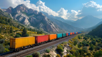Fototapeta premium Freight Train Through Mountain Pass Photo