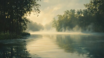 Fototapeta premium Misty Morning Sunrise Over a Still River in a Forest