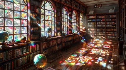 Obraz premium A cozy library filled with shelves of old books and antique globes, with sunlight streaming through stained glass windows and casting colorful patterns on the wooden floor.