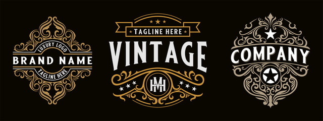 set Decorative logo, luxury vintage style floral ornament for label, sticker, shop sign, salon, boutique, hotel, store