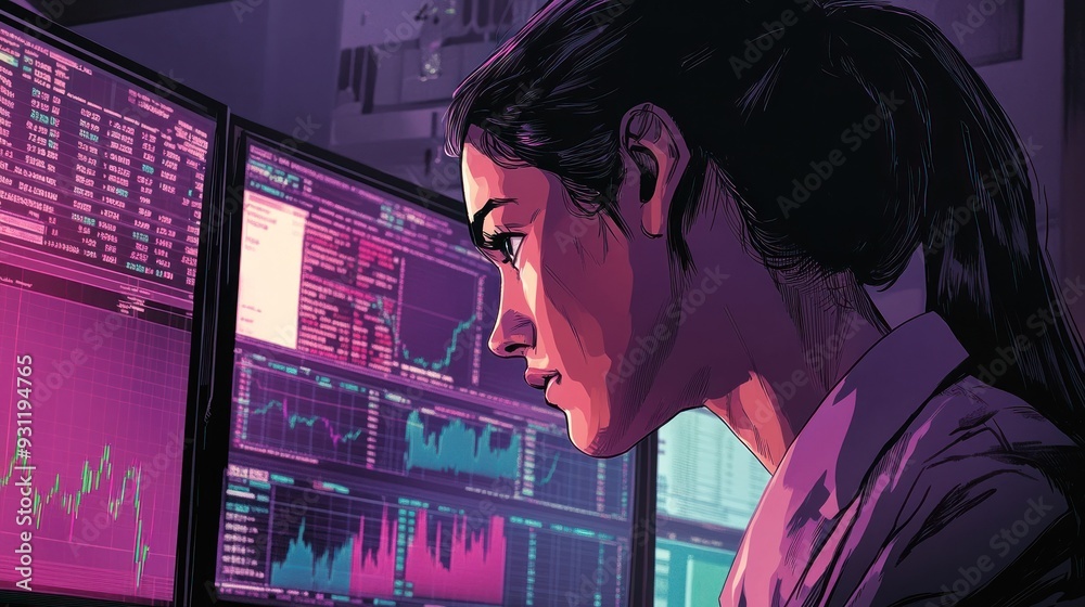 Poster woman concentrating on stock market data on multiple computer screens
