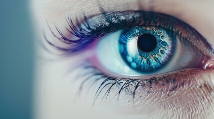 A serene and minimalist photo of an eye with a purple iris, surrounded by ample copy space for text or graphics.