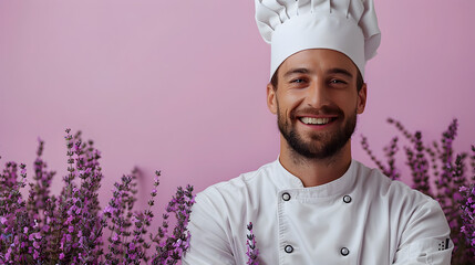 Confident Male Chef in Uniform Posing Professionally in Lavender Studio Setting