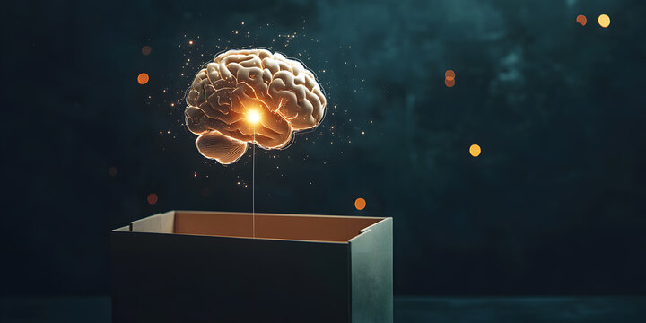 brain idea out of the box pulsating with electrical energy, surrounded by swirling light and cosmic rays