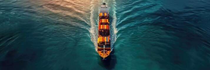 Container vessel navigating swiftly through the ocean for cargo transportation and logistics related to the import and export of goods on a global scale. Aerial perspective captured from a drone.
