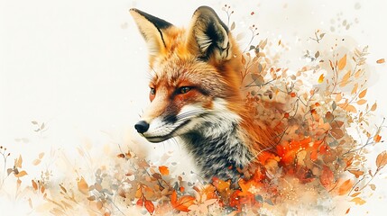 A double exposure watercolor of a fox intertwined with floral elements, the fox's form blending with blossoms and leaves, gentle and flowing brushwork, rich oranges and bright greens,